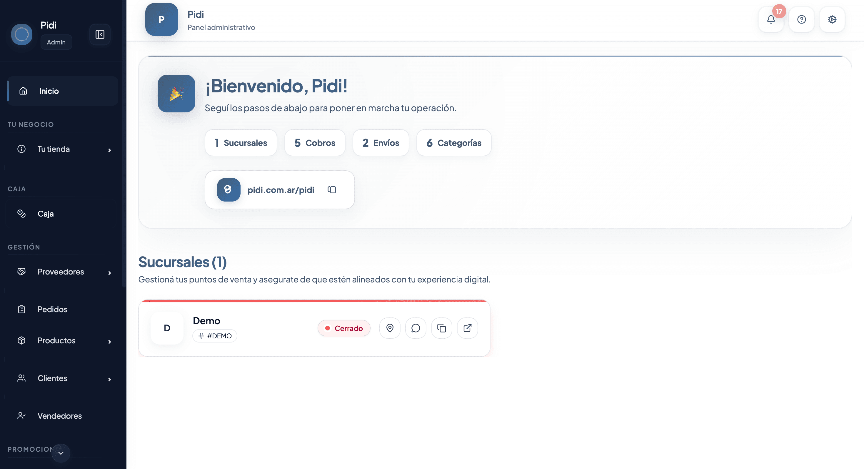 Dashboard principal del admin